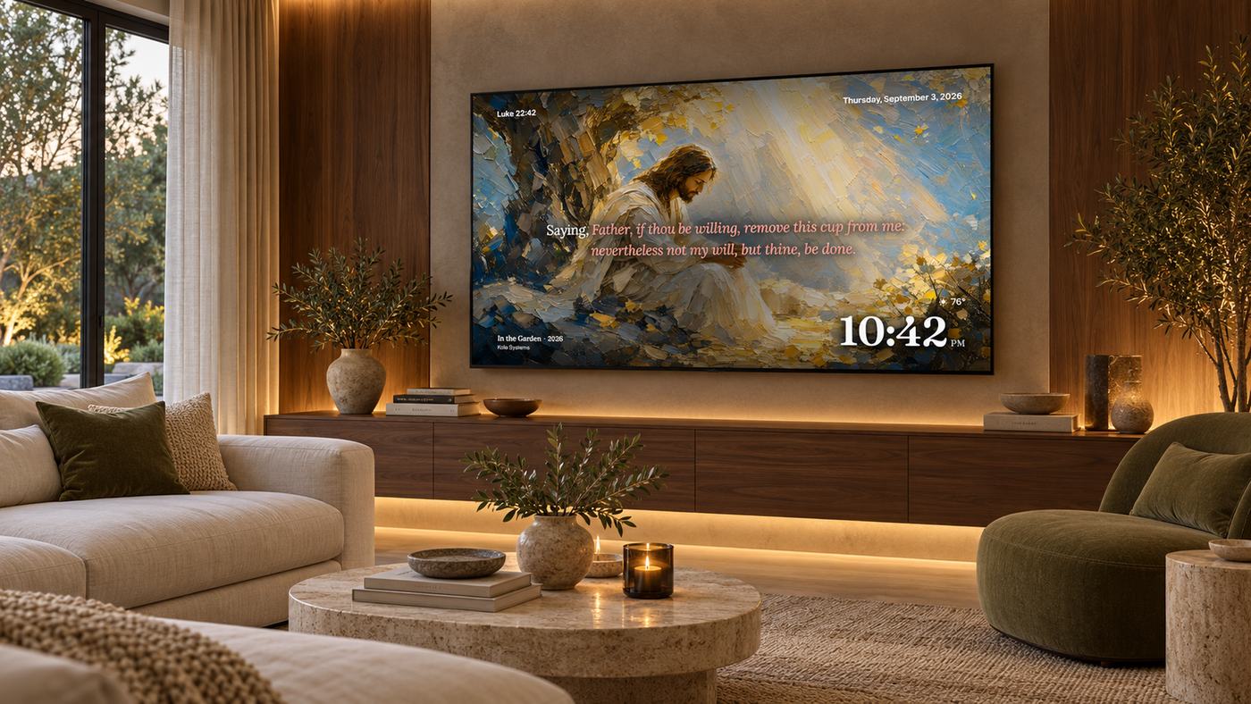 An evening living room with In the Garden on the television — 10:42 PM, Luke 22:42