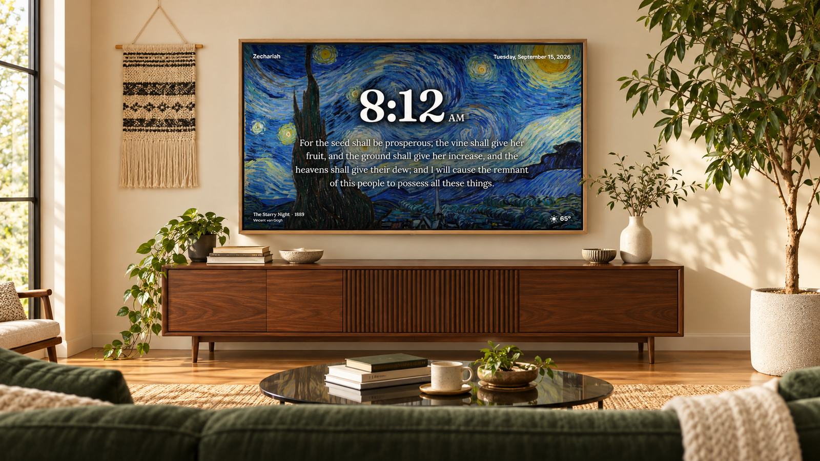 A living room with Shema: Bible Clock on the television — 8:12 AM, Zechariah 8:12, over Van Gogh's The Starry Night
