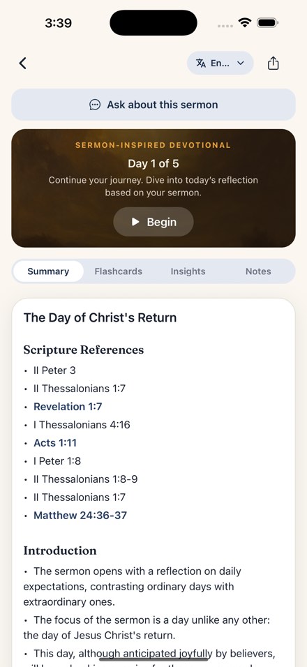 Shema's AI summary of a sermon, with Scripture references